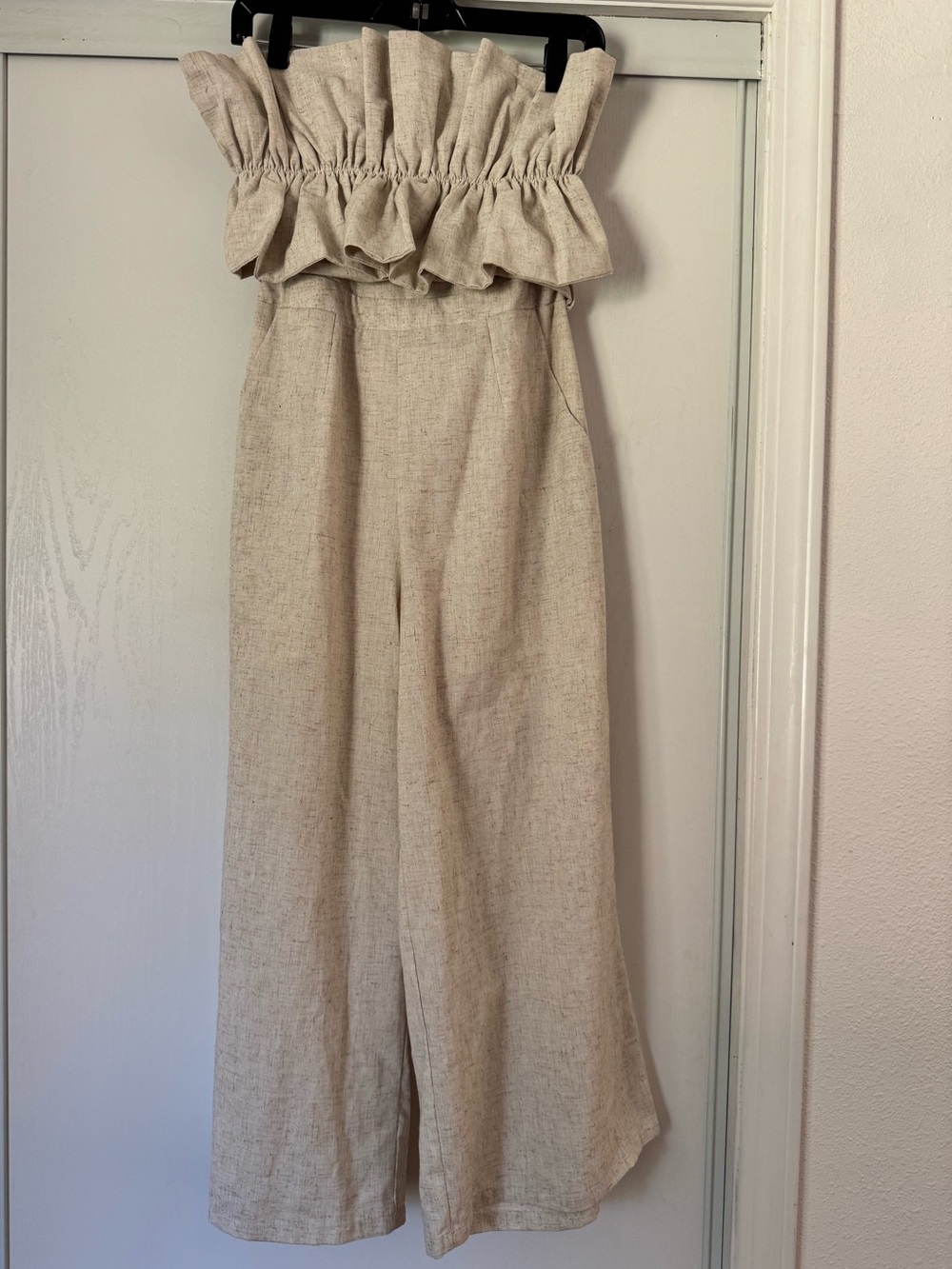 Aura Strapless Ruffle Linen Jumpsuit in Cream